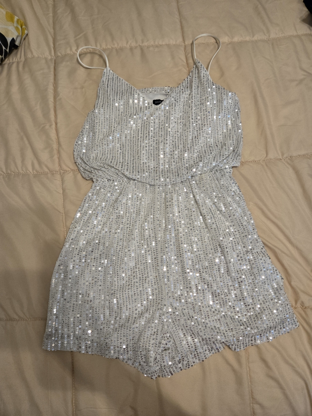 Sequin White/Silver Spaghetti Strap Romper - Picture 2 of 6
